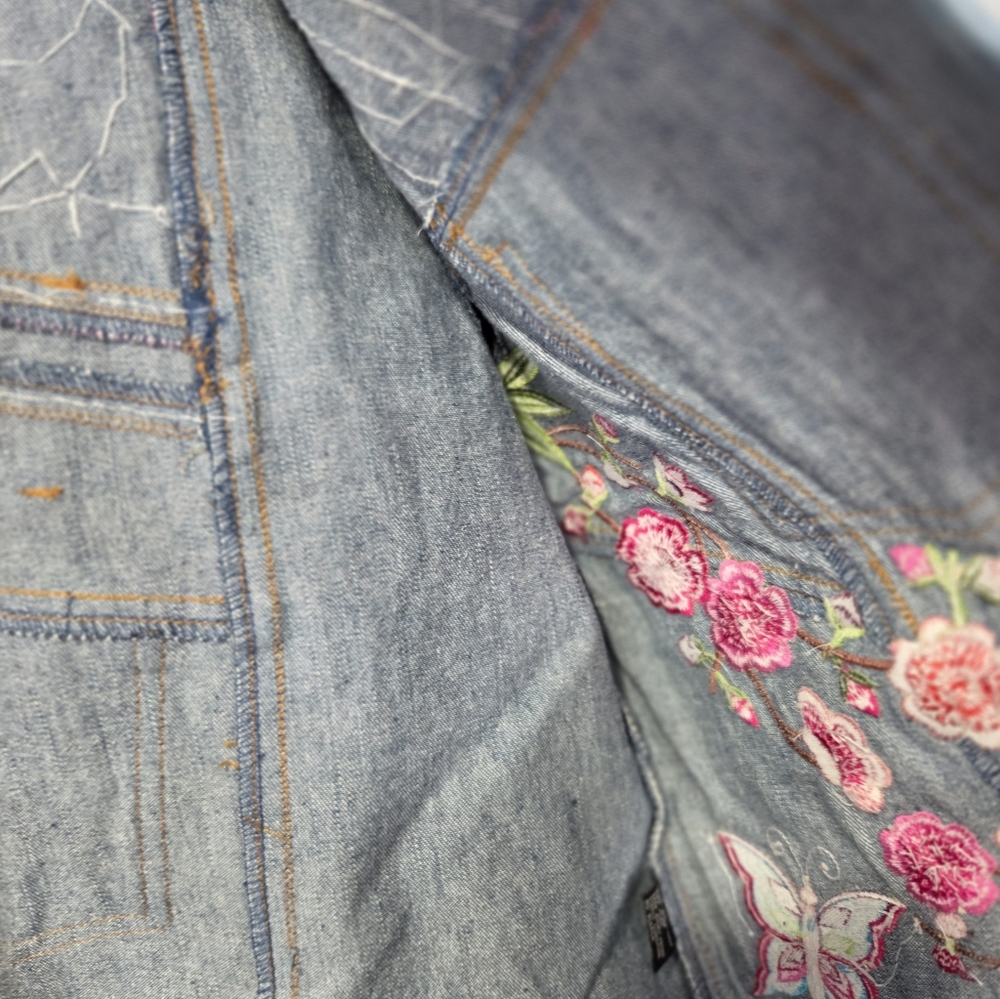 Funky Jean Jacket Berek Takako Sakon Medium Embroidered Butterfly Flowers - Picture 9 of 10